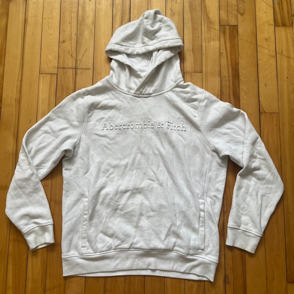 Abercrombie & Fitch White Soft Fleece Embroidered Logo Pullover Hoodie Mens M